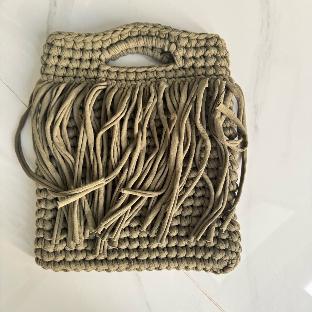 Handwoven Fringe Tote Bag in Olive Green - Picture 2 of 4